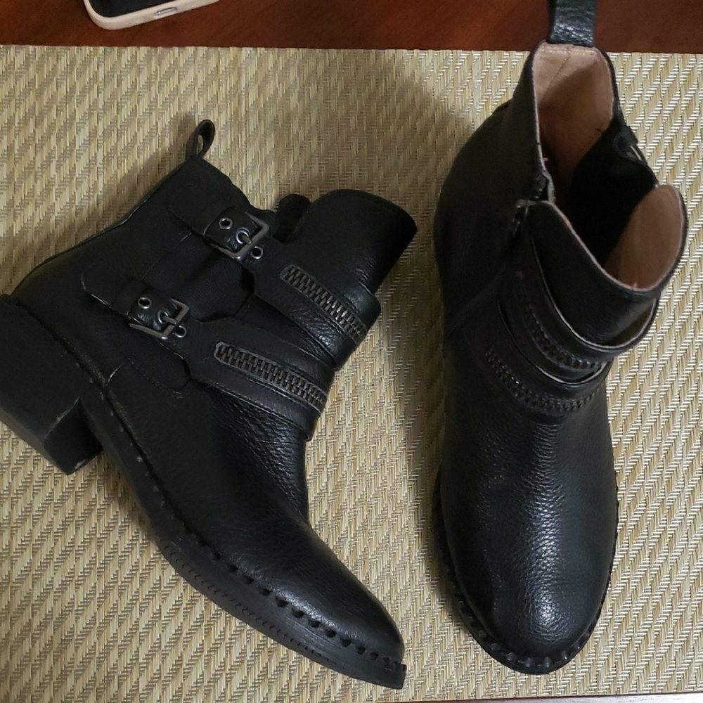 Black Leather Buckle Ankle Boots